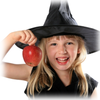 girl in witch costume holding an apple
